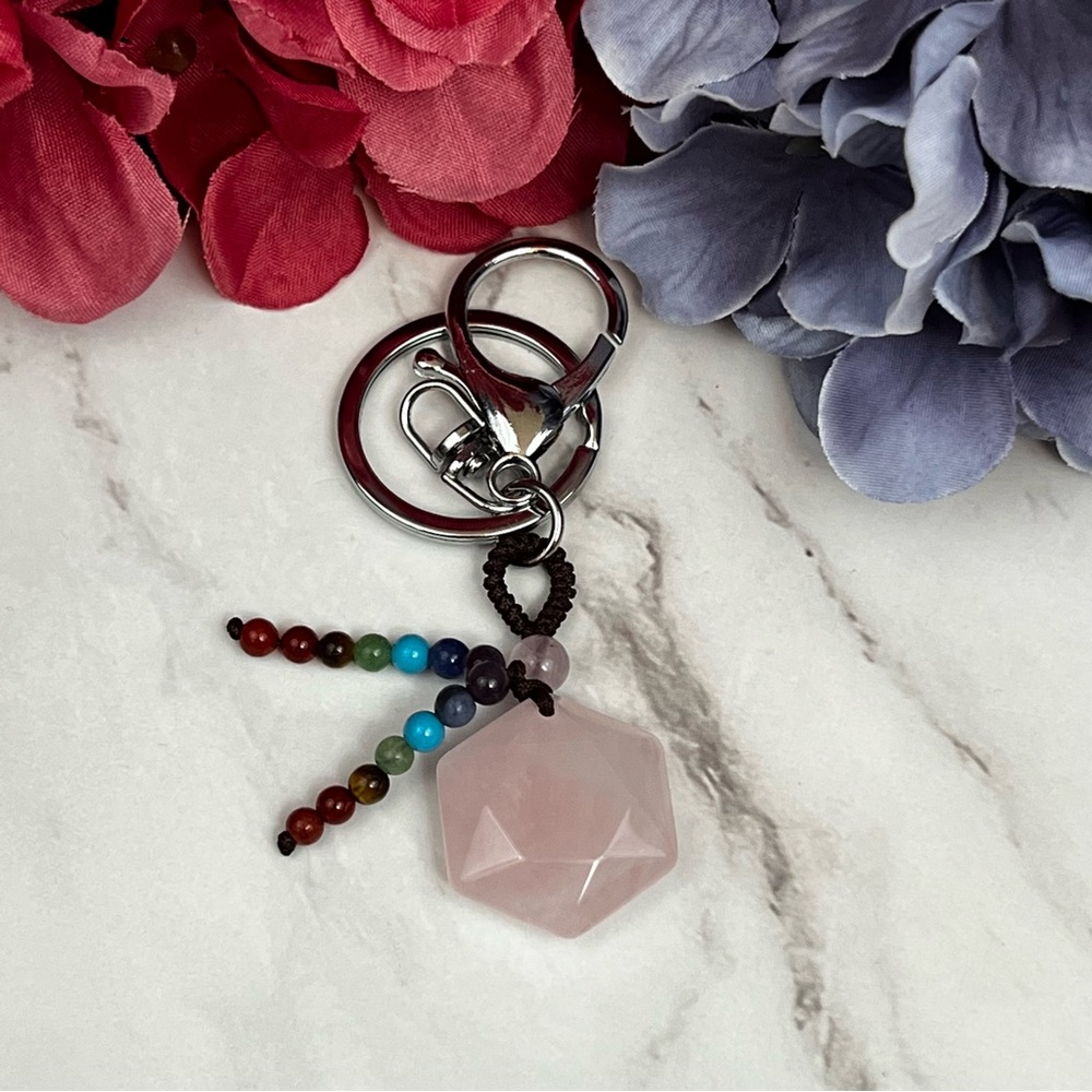Natural Rose Quartz Hexagon Stone with Rainbow Chakra Keychain Charm - Picture 7 of 14